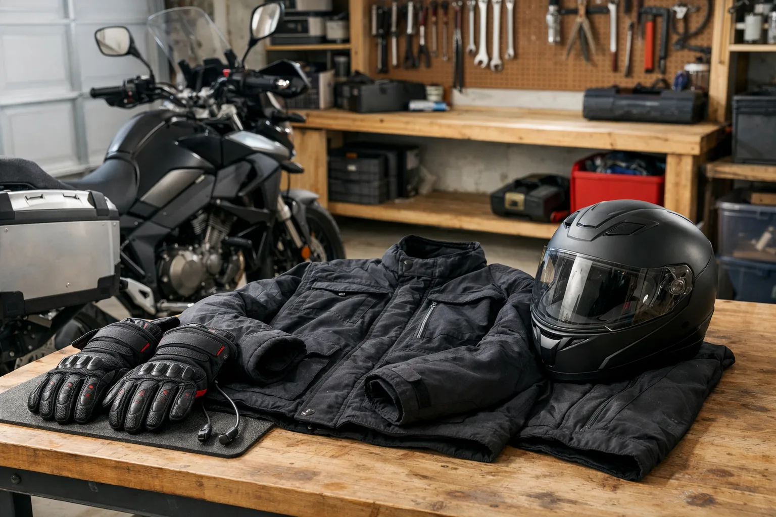 Des gants chauffants, une veste et un casque préparés près d’une moto dans un garage.