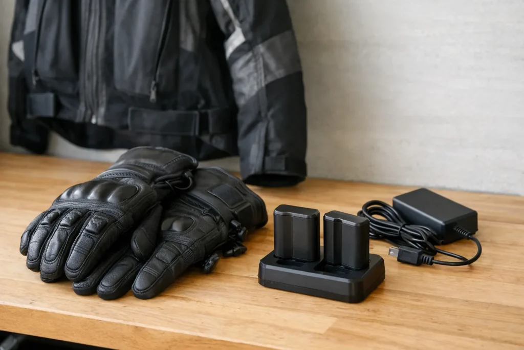 Une paire de gants de moto chauffants posée près de batteries et d’un chargeur sur un établi.