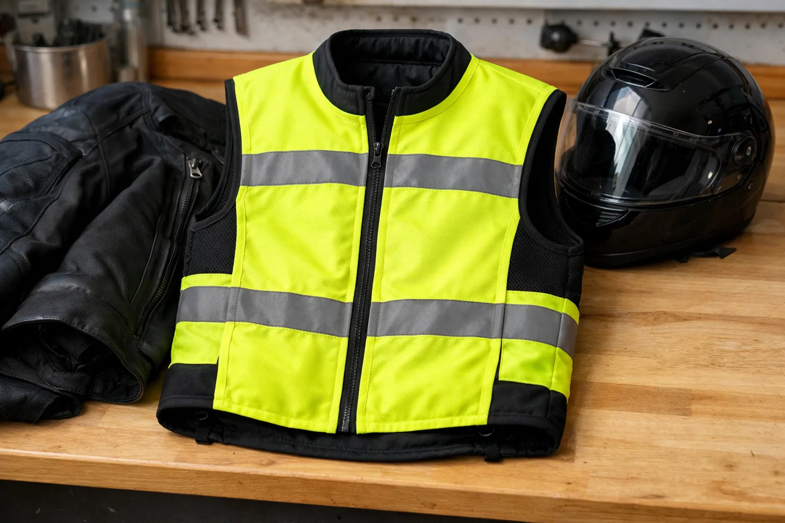 Gilet jaune fluorescent à bandes réfléchissantes posé à côté d’un blouson moto sombre et d’un casque.