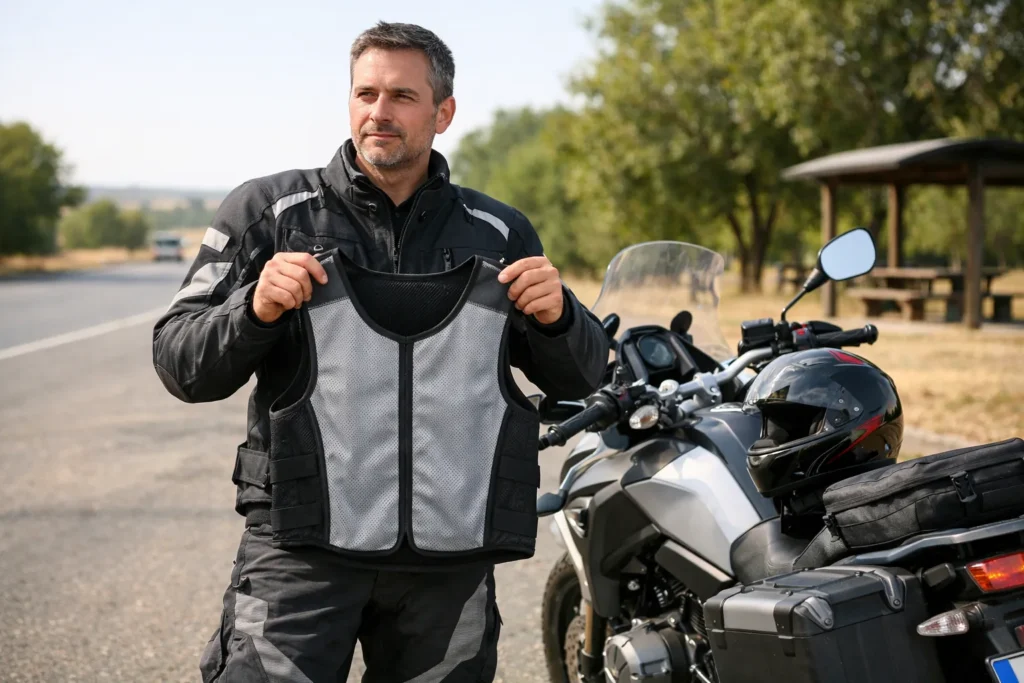 Un motard en équipement textile tient un gilet rafraîchissant près de sa moto à l’arrêt.