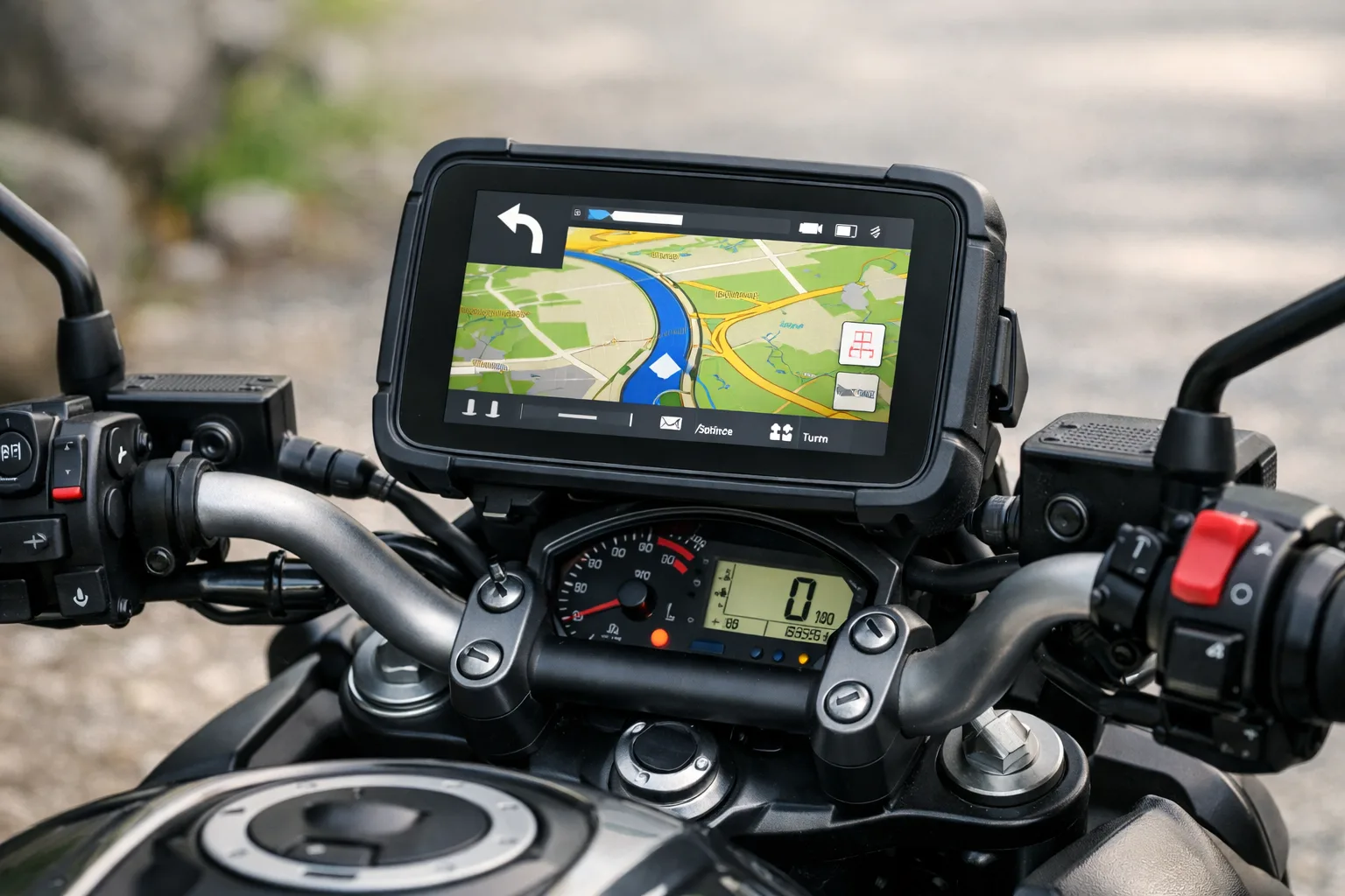Écran de GPS fixé au guidon, placé près des commandes et du tableau de bord.