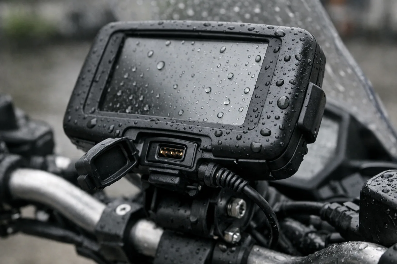 GPS monté sur un support de moto, avec des gouttes d’eau visibles sur le boîtier et le connecteur.