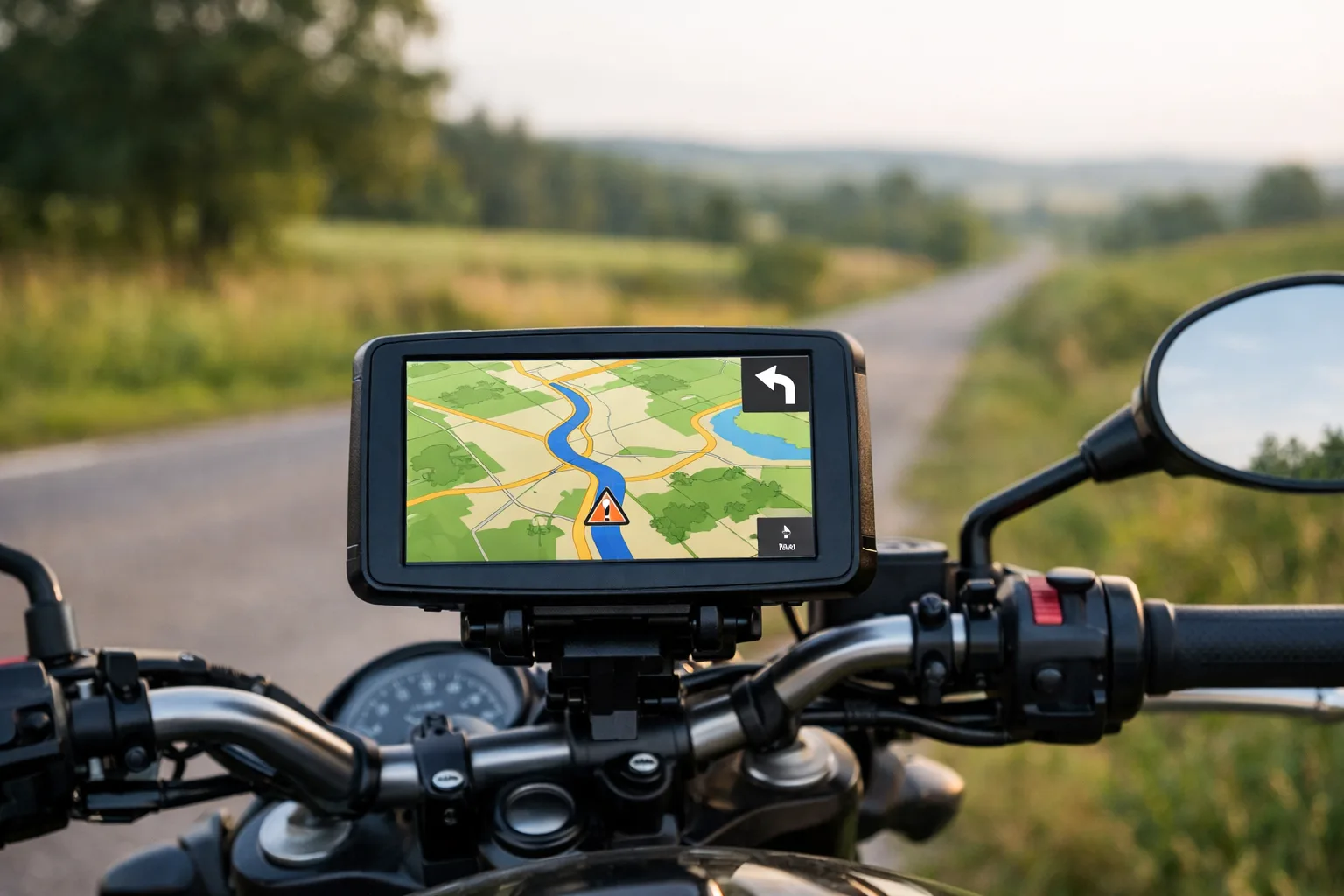 GPS de navigation installé au guidon d’une moto, avec une carte affichée à l’écran.