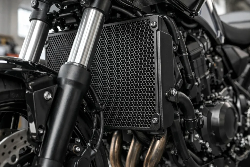 Grille de protection fixée devant le radiateur d’une moto, avec son maillage et ses attaches visibles.