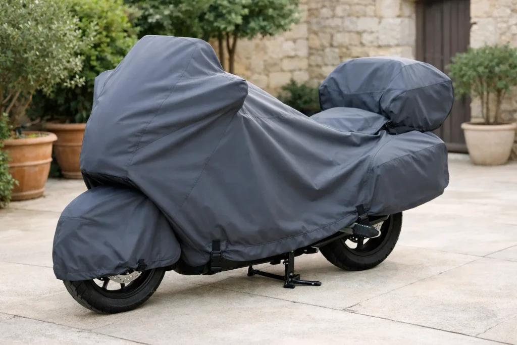 Moto de tourisme recouverte d’une housse de protection dans une cour extérieure.