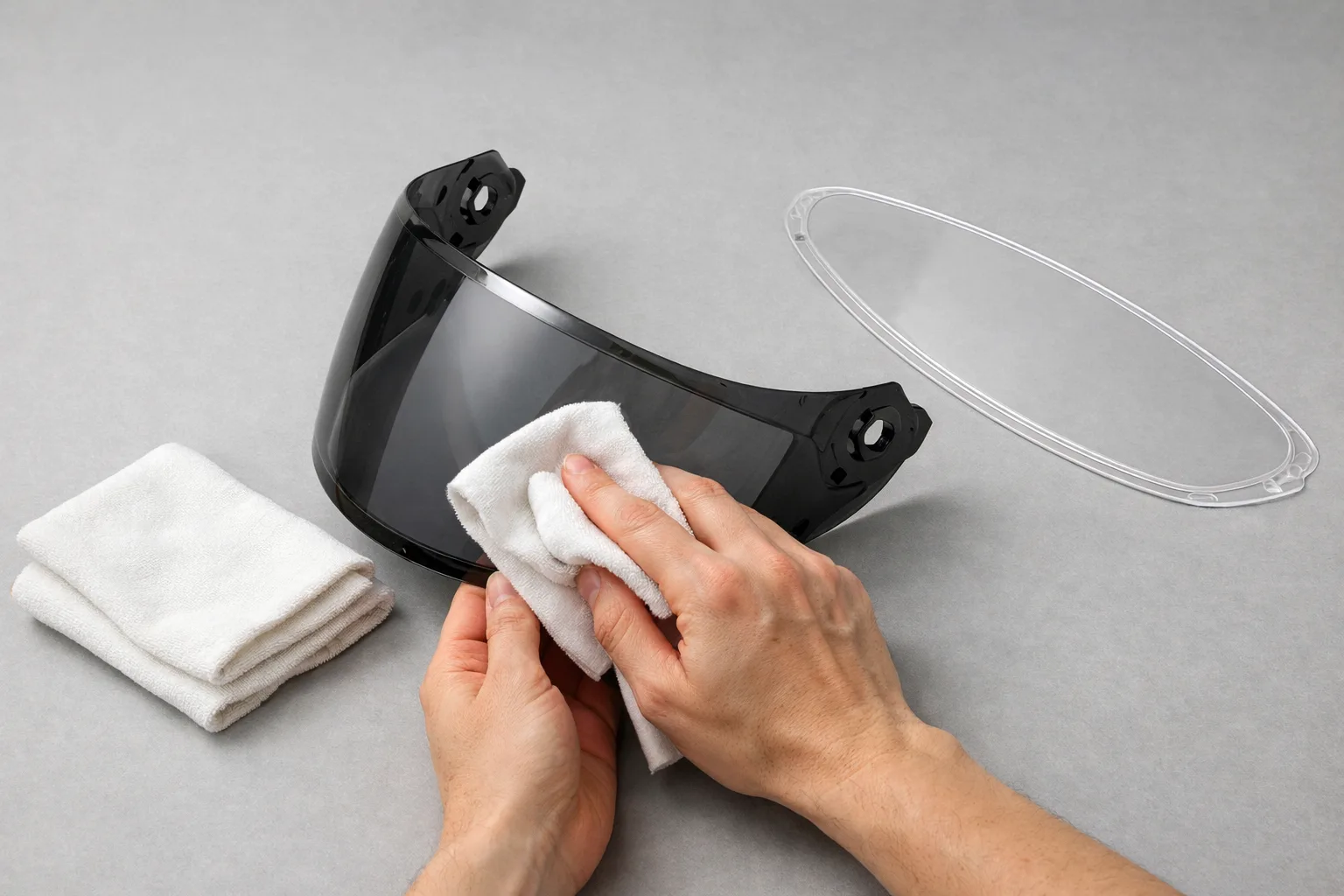 Une visière de casque moto et un insert antibuée sont présentés avec un chiffon doux.