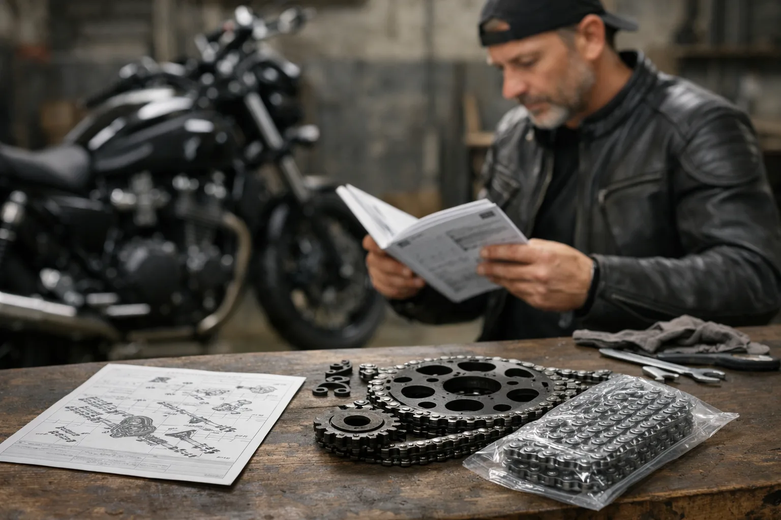 Un motard vérifie la documentation de sa moto à côté d’un kit chaîne posé sur une table.