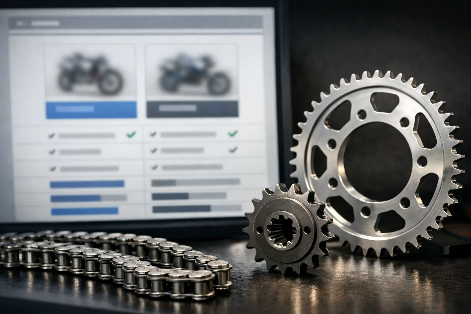 Des pièces de transmission moto posées à côté d’un écran de comparaison de produits.