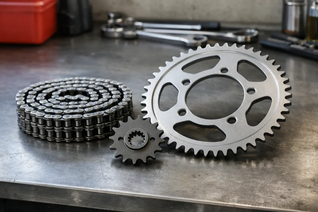 Une chaîne de transmission, un pignon et une couronne de moto disposés sur un établi.