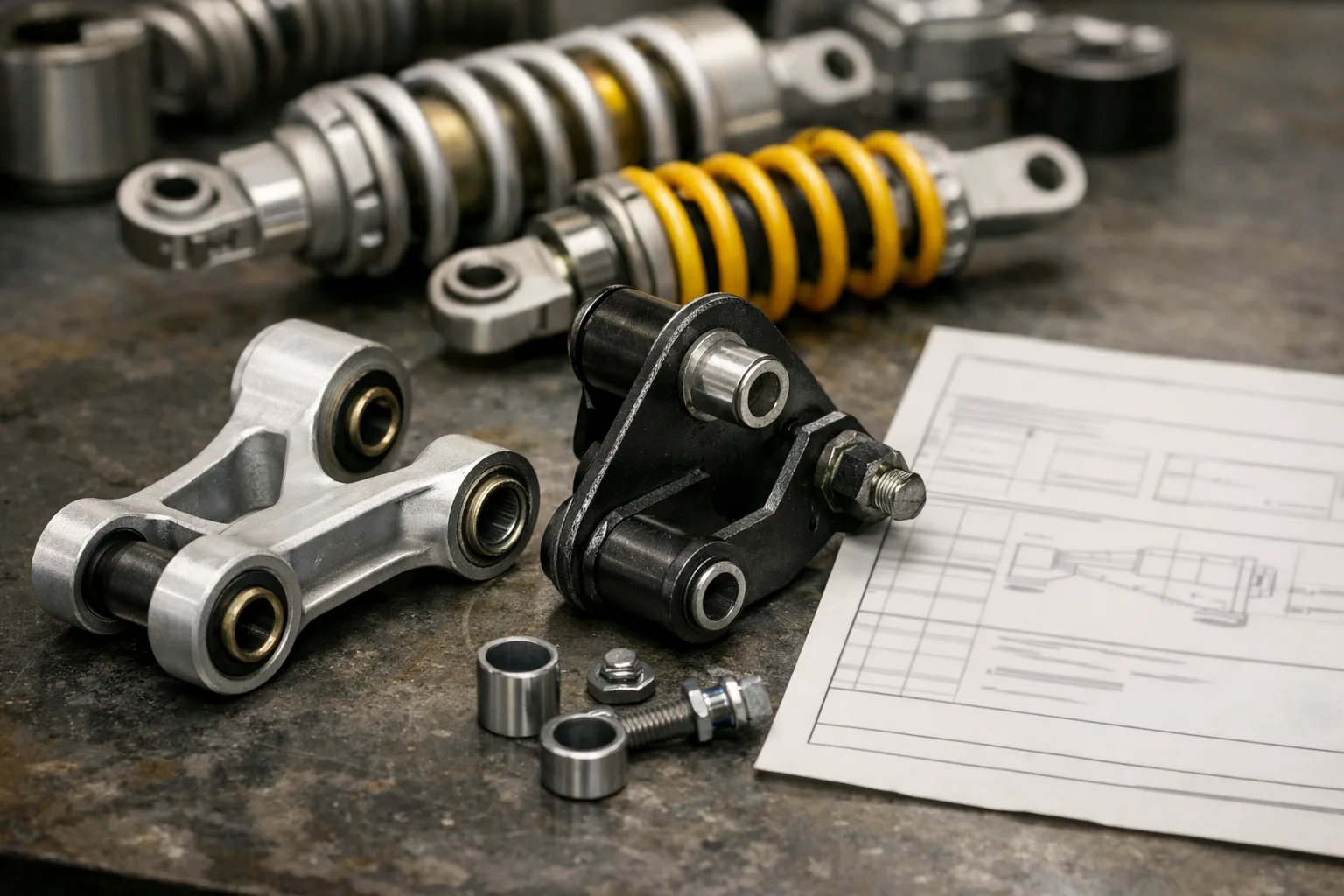 Pièces de suspension moto posées sur un établi à côté d’une fiche technique.
