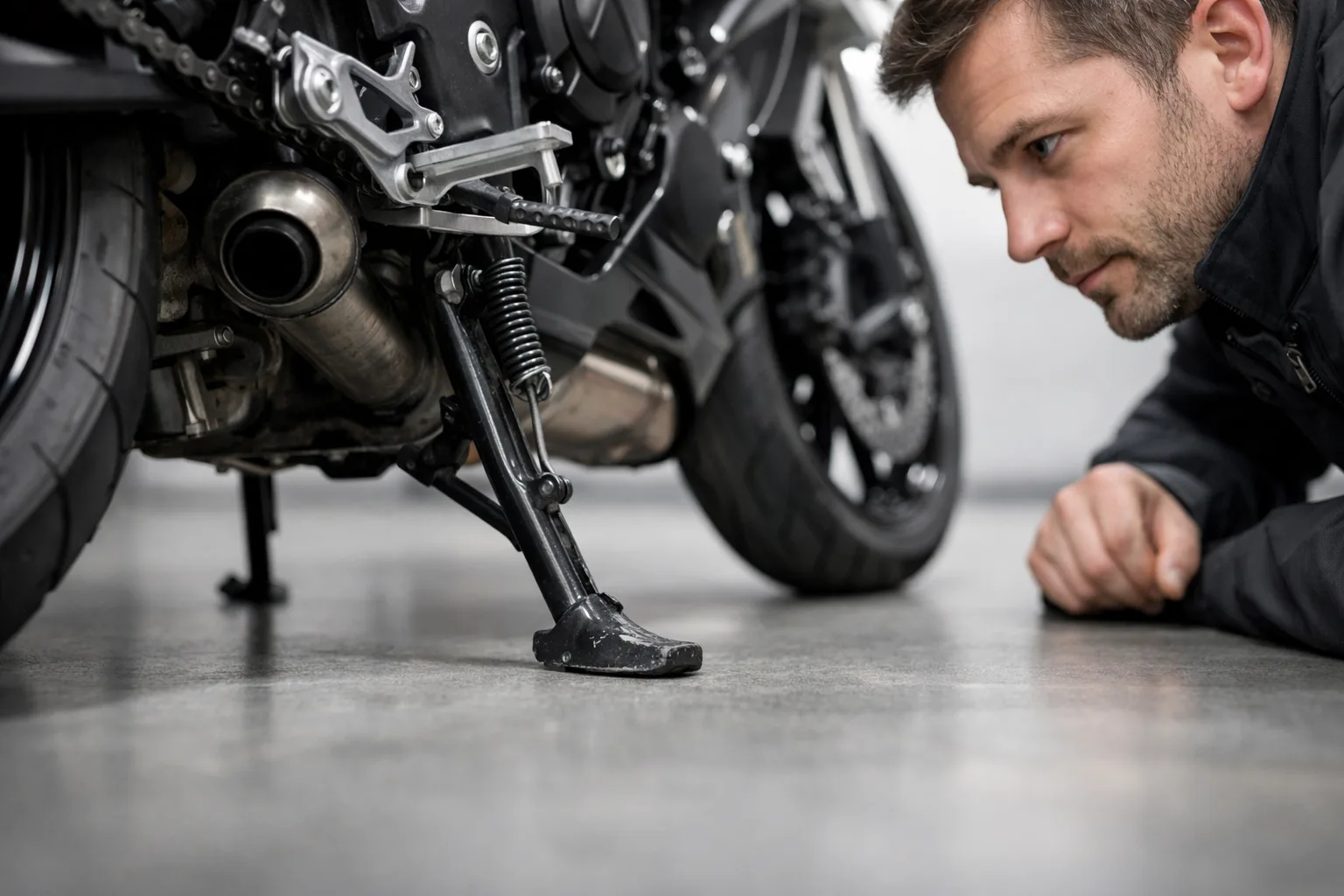 Béquille latérale et dégagements sous une moto observés dans un atelier.