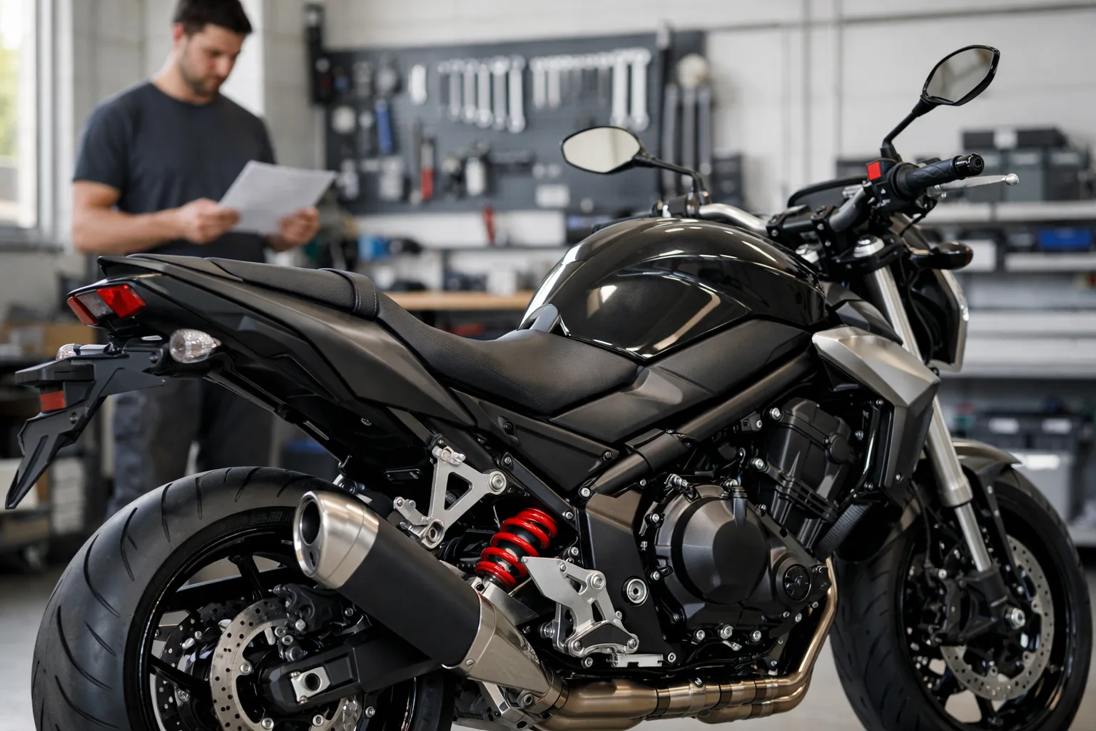 Moto de route stationnée dans un atelier, avec sa suspension arrière visible.