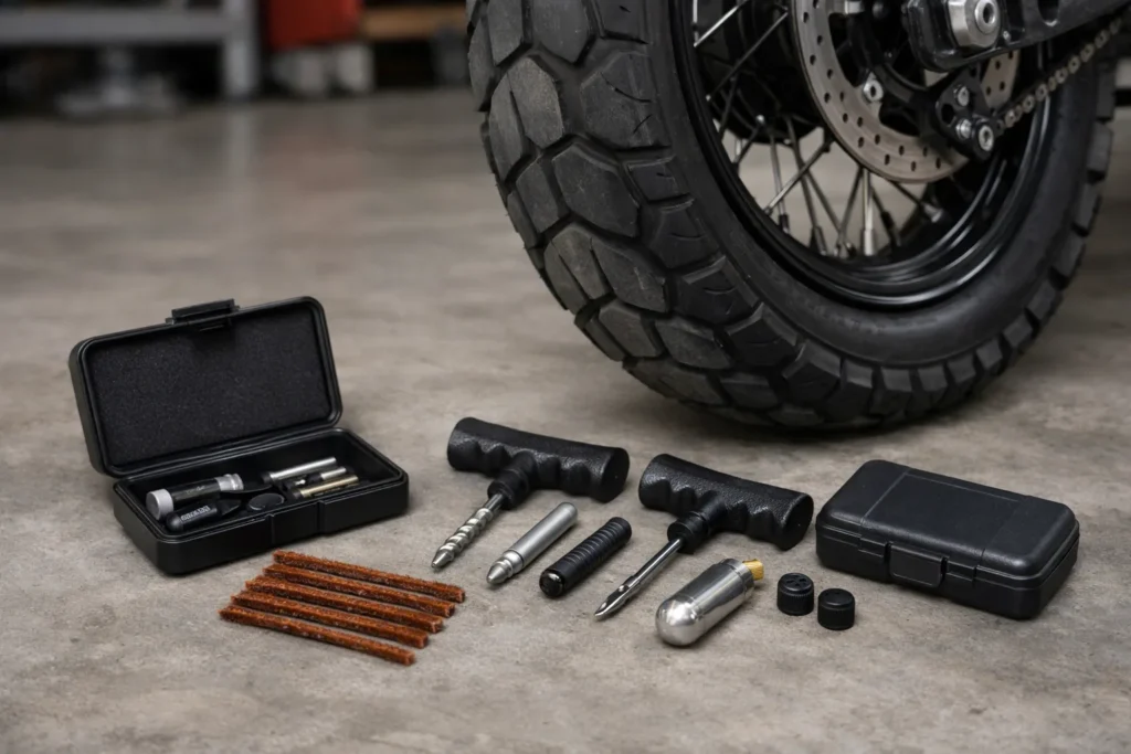 Kit de réparation tubeless avec mèches et outils posé à côté de la roue arrière d’une moto.