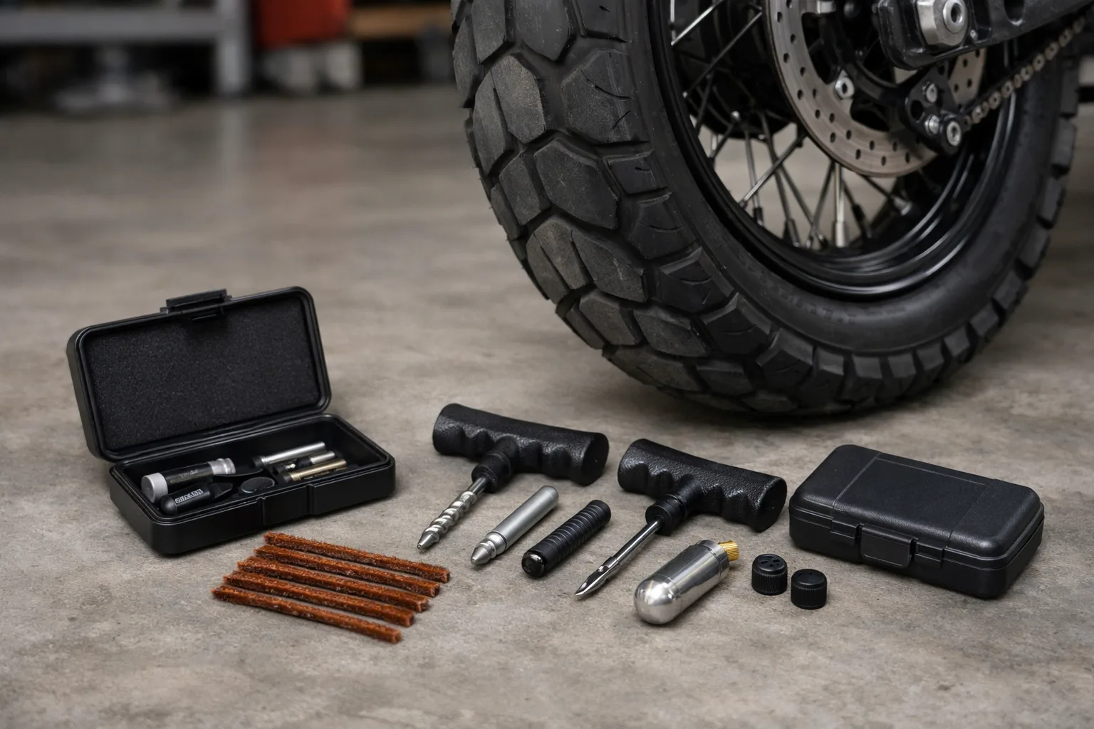 Kit de réparation tubeless avec mèches et outils posé à côté de la roue arrière d’une moto.