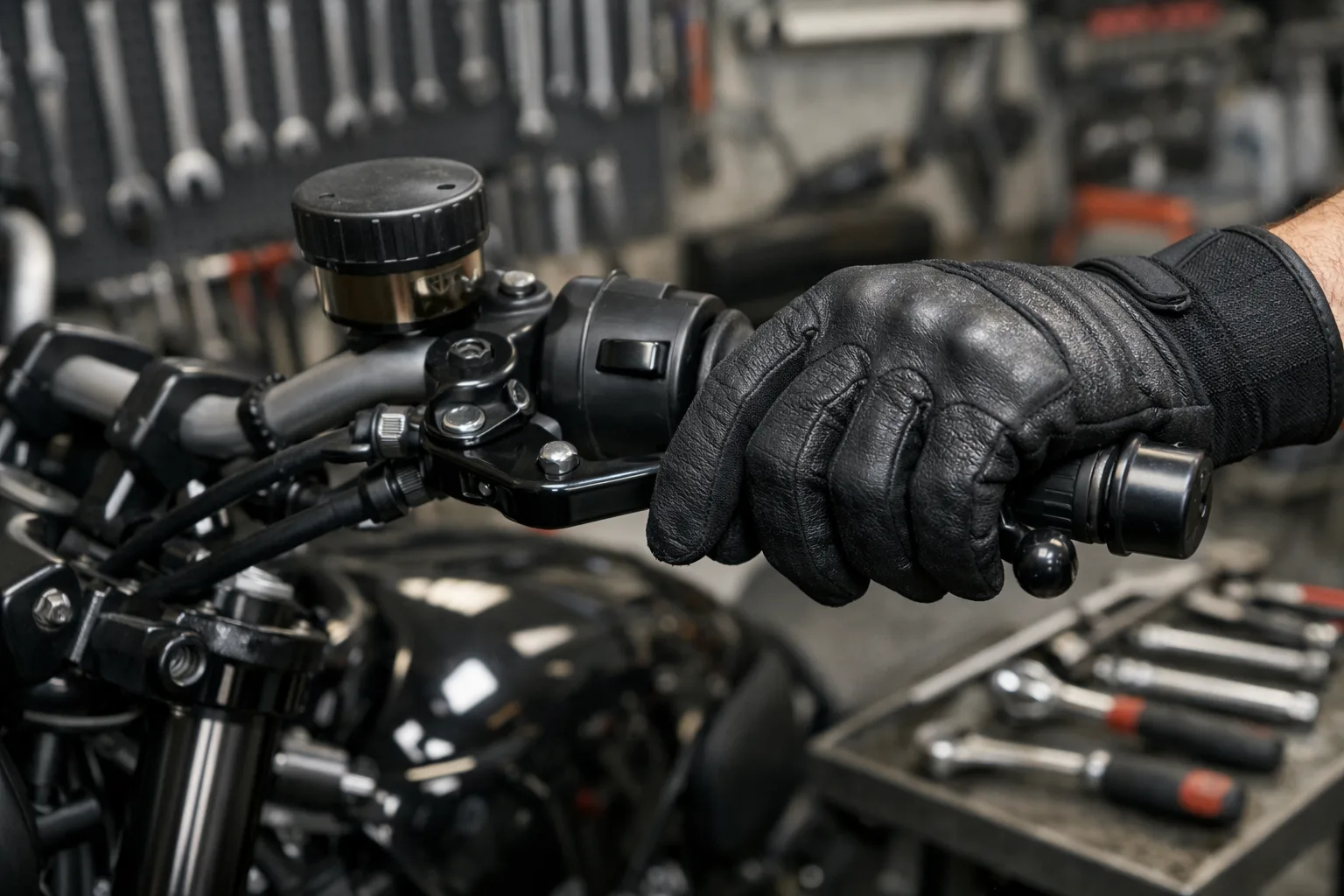 Main gantée vérifiant le mouvement du levier de frein sur le guidon d’une moto dans un atelier.