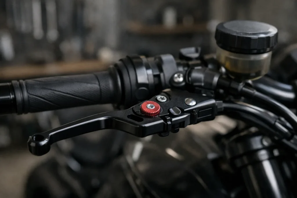Levier de frein réglable installé sur le guidon d’une moto, avec sa molette de réglage visible.