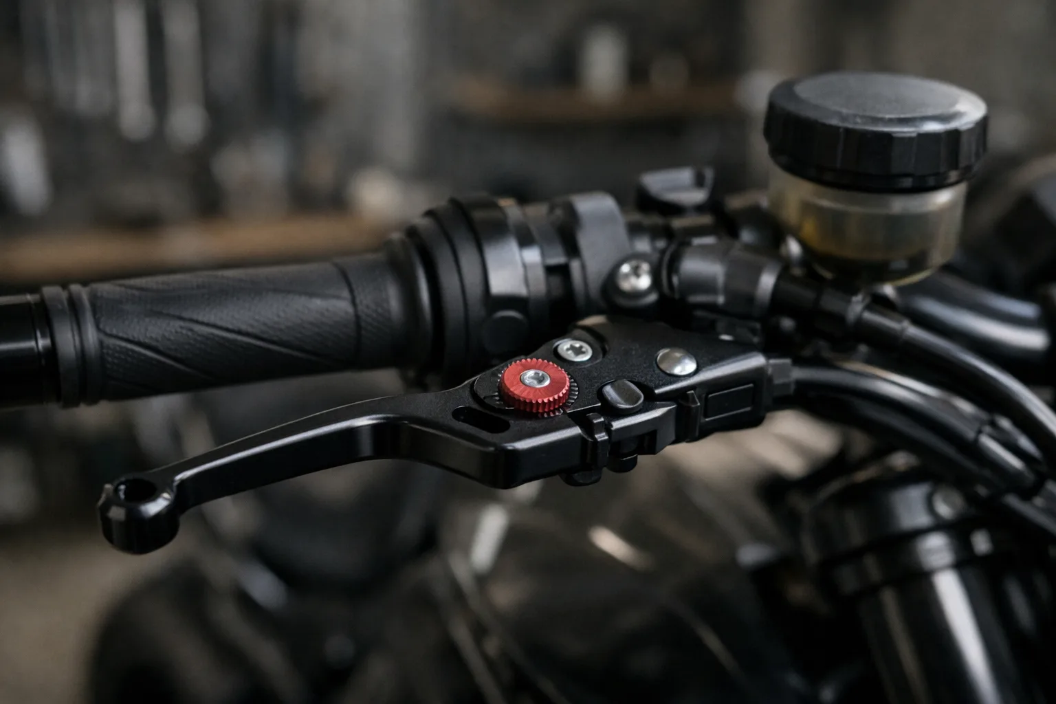 Levier de frein réglable installé sur le guidon d’une moto, avec sa molette de réglage visible.