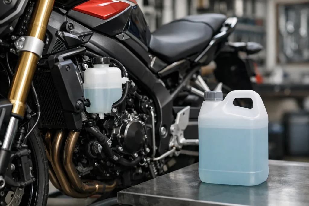 Vase d’expansion d’une moto et bidon de liquide de refroidissement posés dans un atelier.