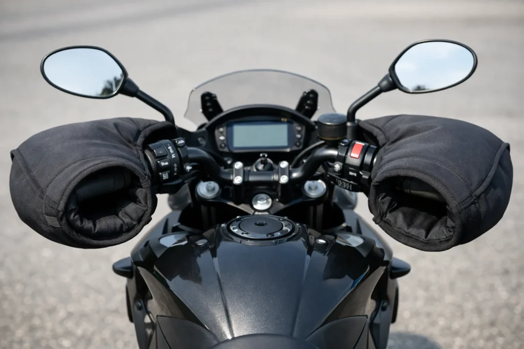 Manchons noirs installés autour des poignées et des leviers du guidon d’une moto.
