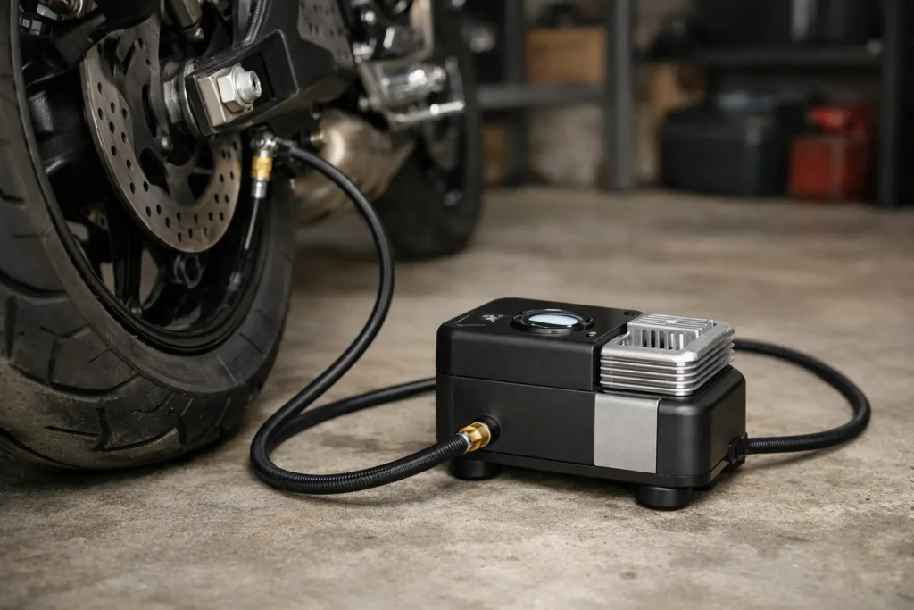 Mini compresseur portable posé près de la roue arrière d’une moto, avec son tuyau et son raccord visibles.