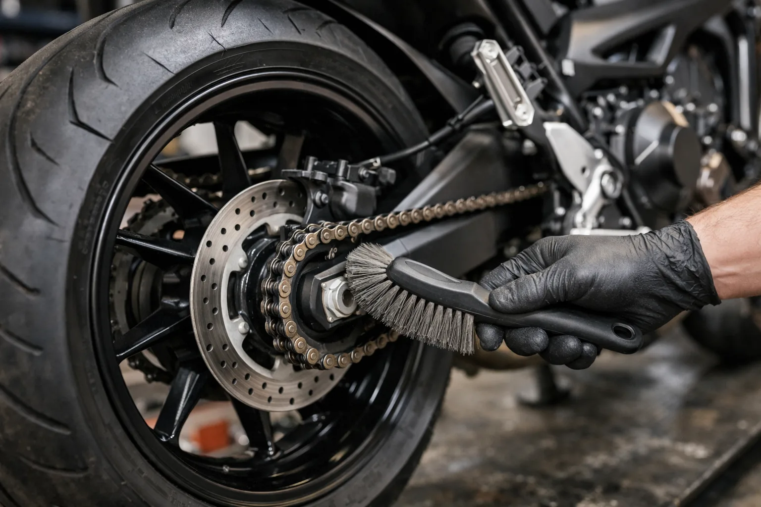 Roue arrière d’une moto immobilisée, avec une main gantée qui nettoie la chaîne à l’aide d’une brosse souple.