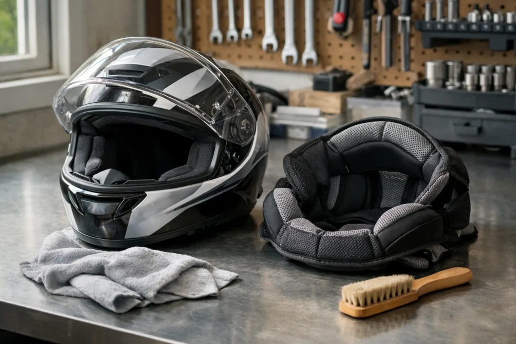 Casque de moto ouvert posé près de sa doublure amovible, d’un chiffon et d’une brosse souple.