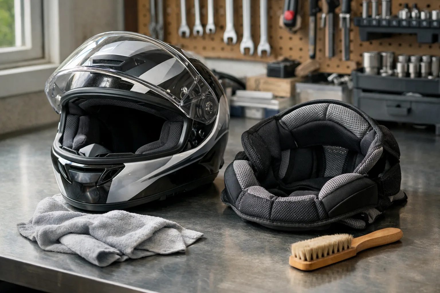 Casque de moto ouvert posé près de sa doublure amovible, d’un chiffon et d’une brosse souple.