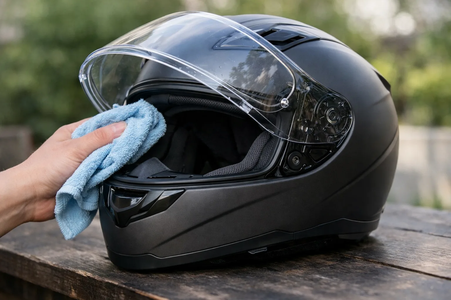 Un chiffon microfibre humide passe sur la visière relevée d’un casque de moto posé sur une table.