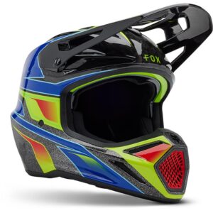 Casque cross FOX V3 RS ACRIC noir bleu jaune avec visière réglable