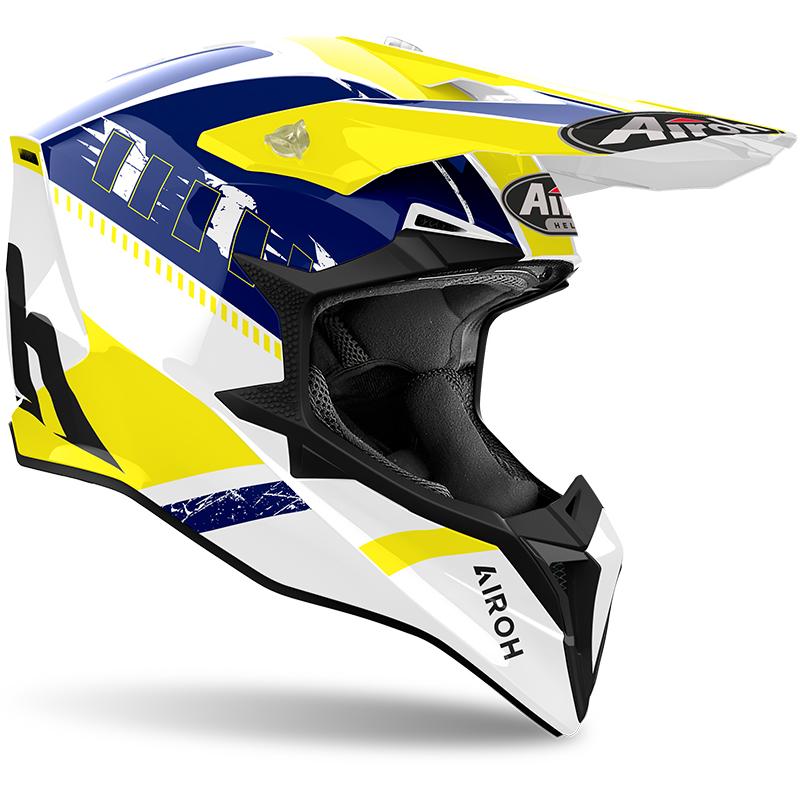 Casque cross AIROH WRAAAP FEEL jaune et bleu brillant avec visière réglable — vue 2