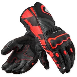 Gants REVIT Argon 3 en cuir noir et néon rouge, orientés piste