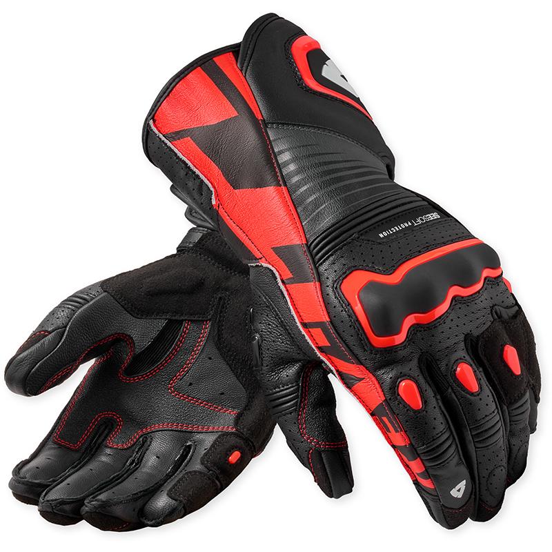 Gants REVIT Argon 3 en cuir noir et néon rouge, orientés piste