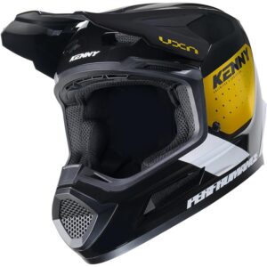 Casque cross KENNY PERFORMANCE GOLD noir, or et blanc avec visière profilée