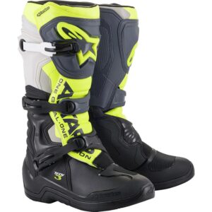 Bottes cross Alpinestars TECH 3 noires, grises et jaune fluo à trois boucles