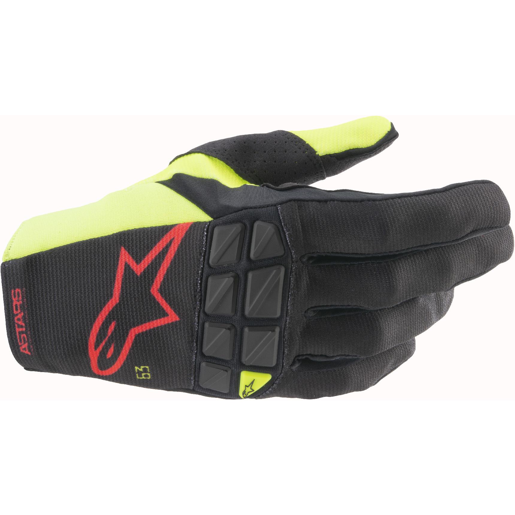 Gants cross Alpinestars Racefend noirs, jaune fluo et rouge fluo