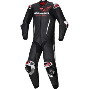 Combinaison cuir Alpinestars Faster V3 noire, blanche et rouge avec bosse aérodynamique