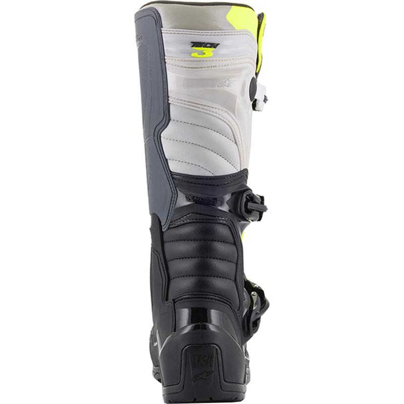 Bottes cross Alpinestars TECH 3 noires, grises et jaune fluo à trois boucles — vue 2