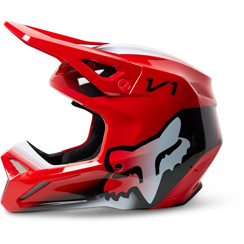 Casque cross FOX V1 TOXSYK rouge fluo avec visière et coque moulée — vue 2