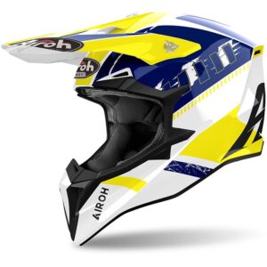 Casque cross AIROH WRAAAP FEEL jaune et bleu brillant avec visière réglable
