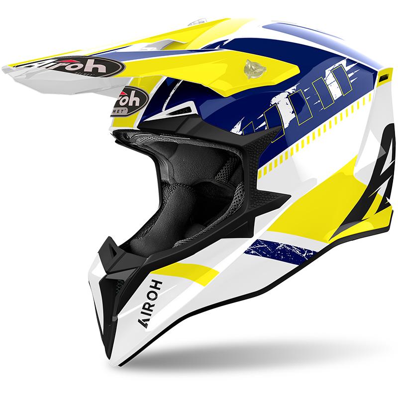 Casque cross AIROH WRAAAP FEEL jaune et bleu brillant avec visière réglable