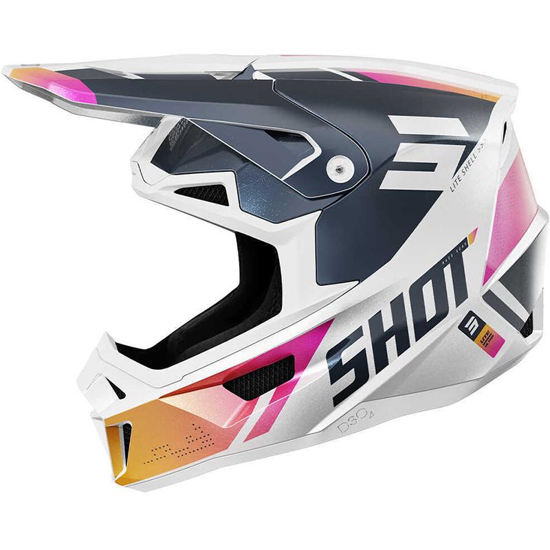 Casque cross SHOT LITE ULTRA bleu, blanc et rose avec visière ajustable