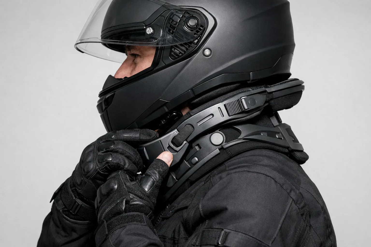 Un motard vérifie l’ajustement d’une orthèse cervicale avec son casque intégral et sa veste.