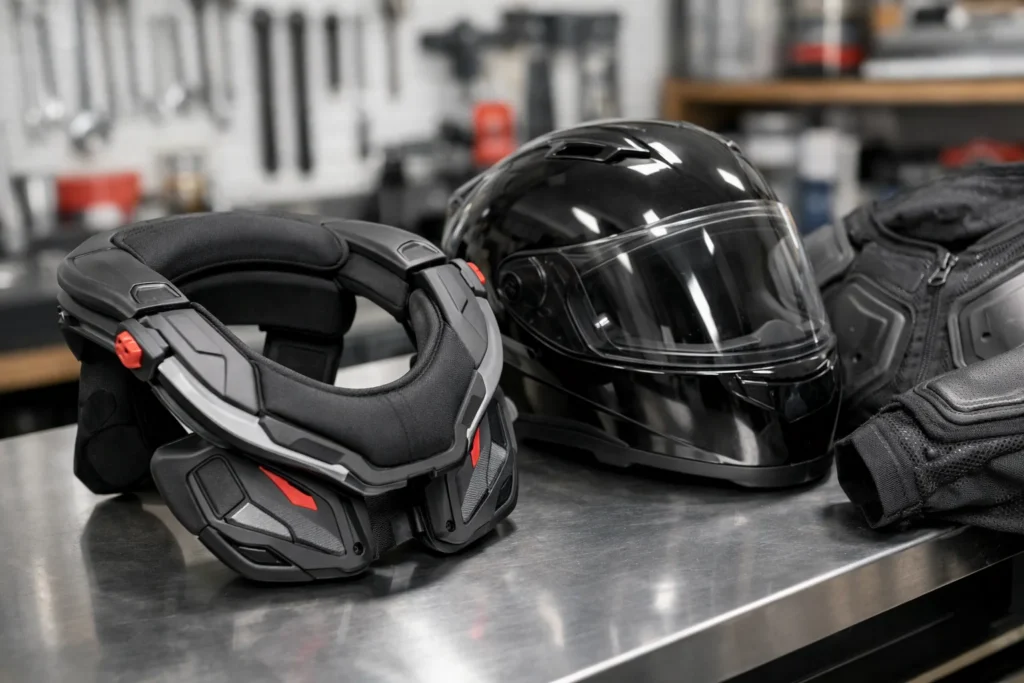Une orthèse cervicale moto structurée est posée près d’un casque intégral et d’une veste de protection.