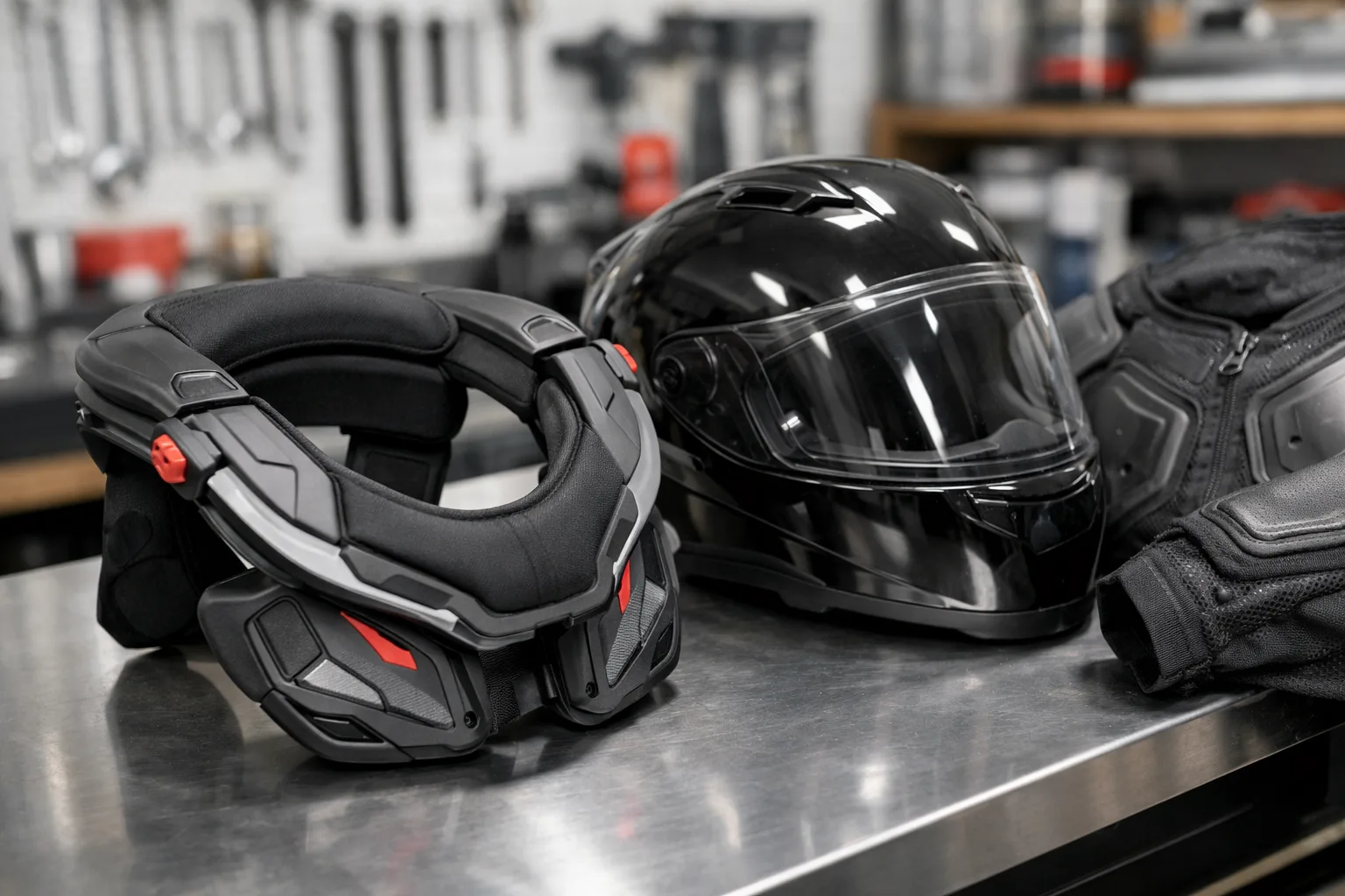 Une orthèse cervicale moto structurée est posée près d’un casque intégral et d’une veste de protection.