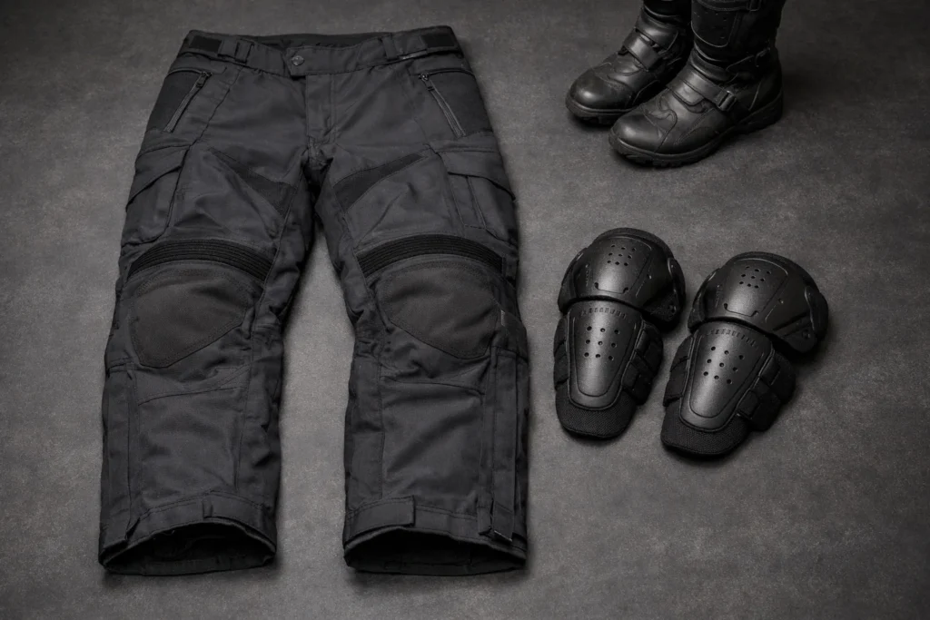 Pantalon de moto textile posé à plat avec des protections de genoux et des bottes à côté.