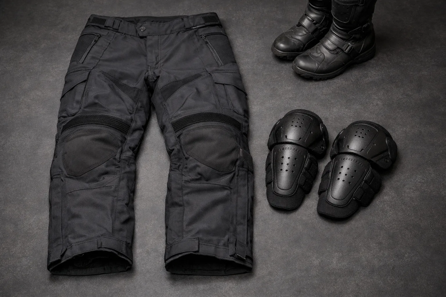 Pantalon de moto textile posé à plat avec des protections de genoux et des bottes à côté.
