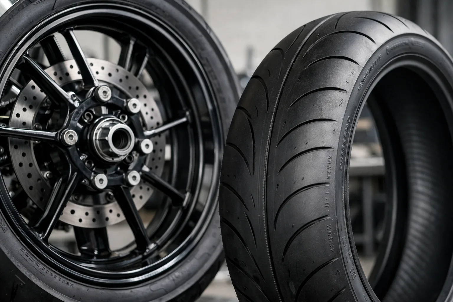 Le flanc d’un pneu de moto placé près d’une jante, avec ses marquages visibles.