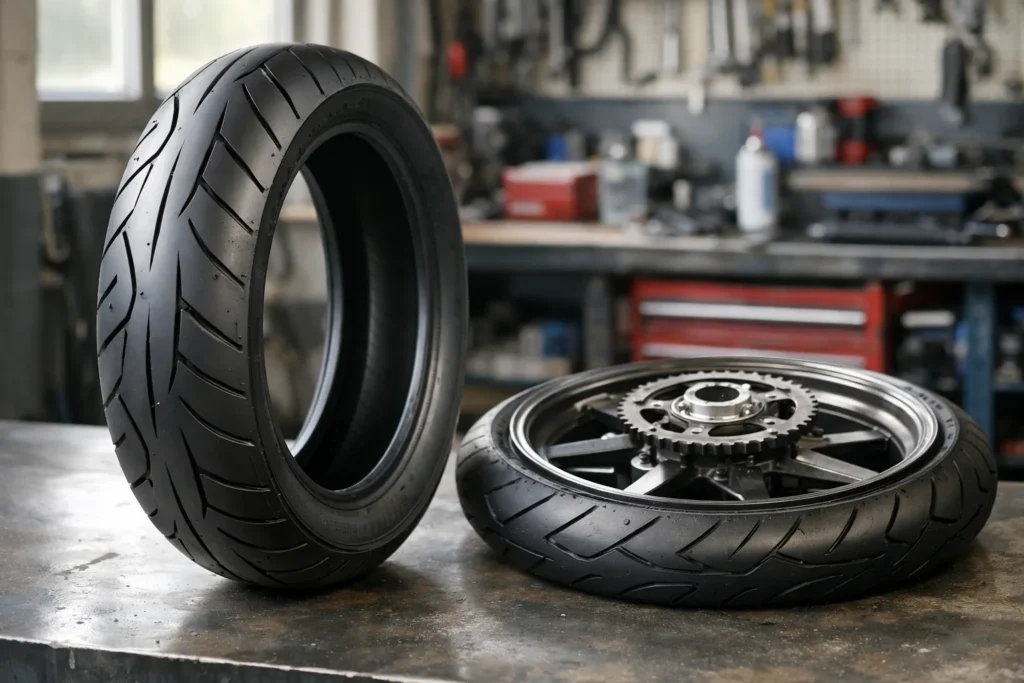 Un pneu de moto posé à côté d’une roue démontée dans un atelier.