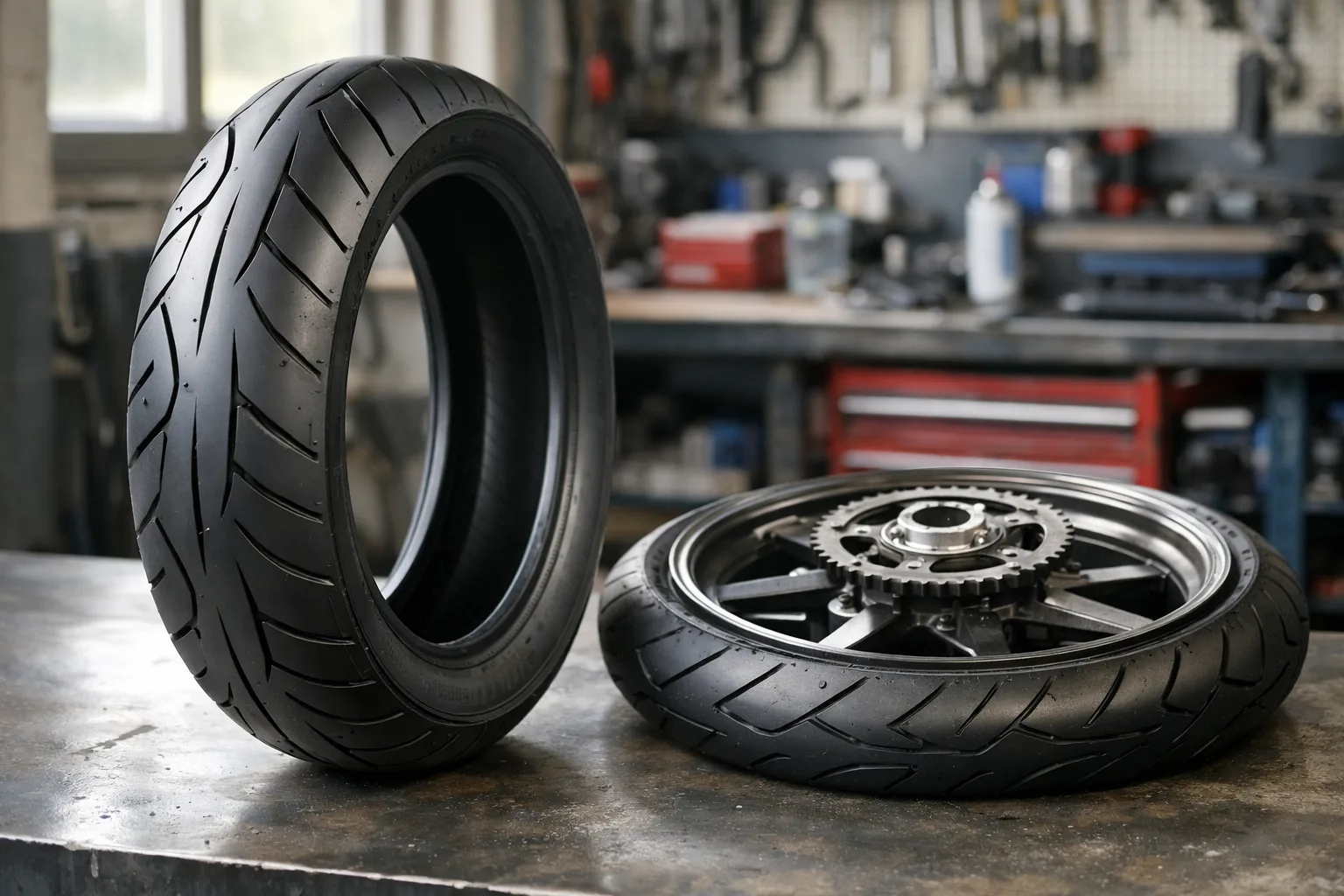 Un pneu de moto posé à côté d’une roue démontée dans un atelier.