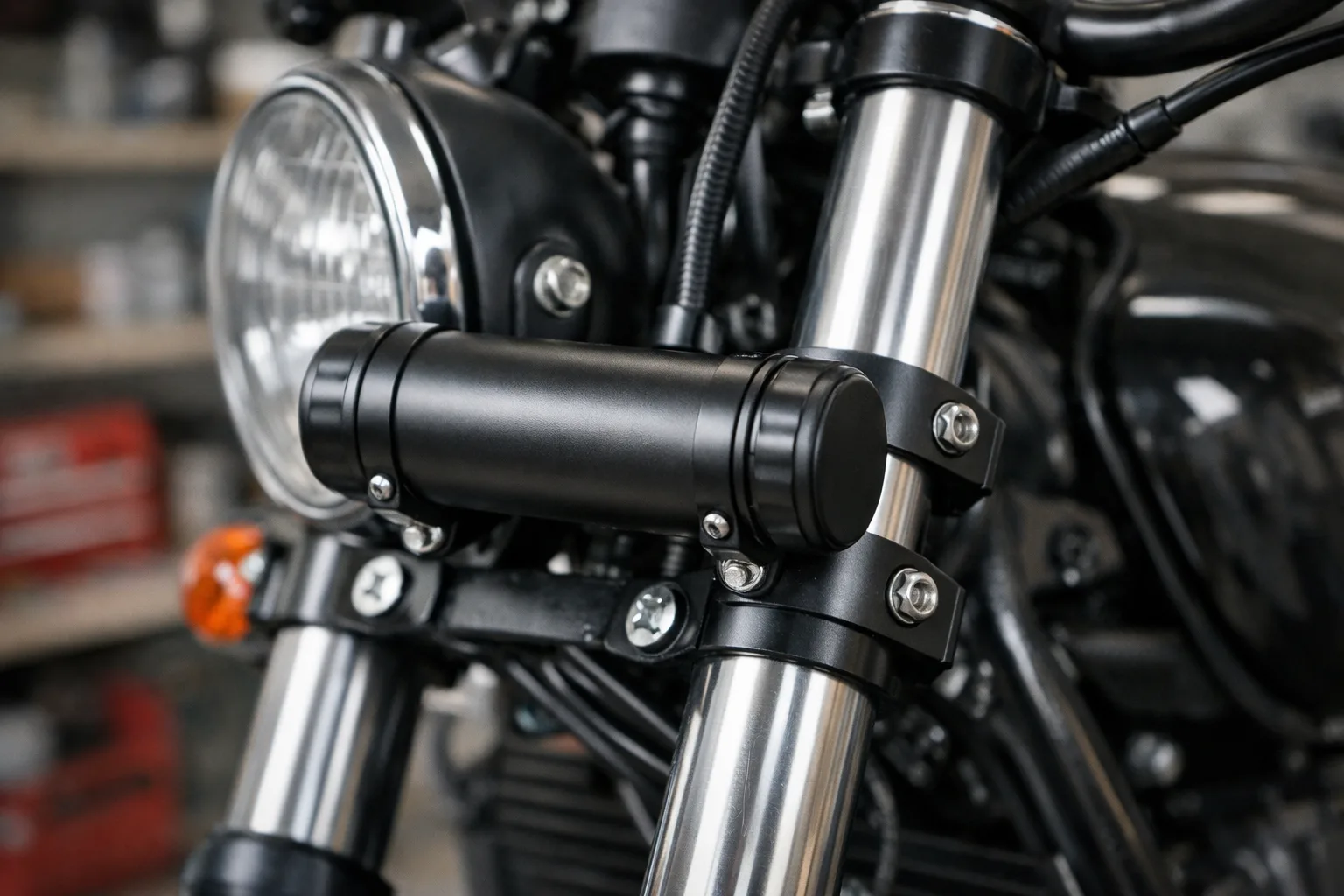 Porte-document cylindrique fixé près de la fourche d’une moto stationnée dans un atelier.